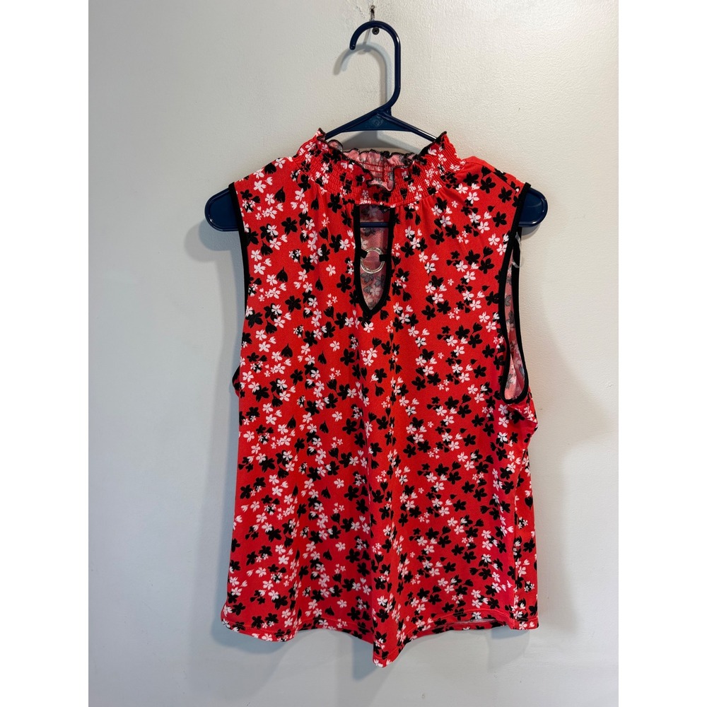 Adrienne Vittadini Red Floral Smocked Neck‎ Keyhole Sleeveless Top VK32809 L